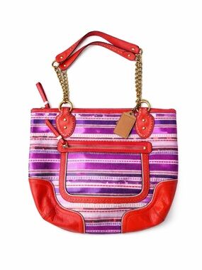 23843 Coach Poppy Legacy Stripe Sequin Glam Tote Multicolor Chain Shoulder Bag